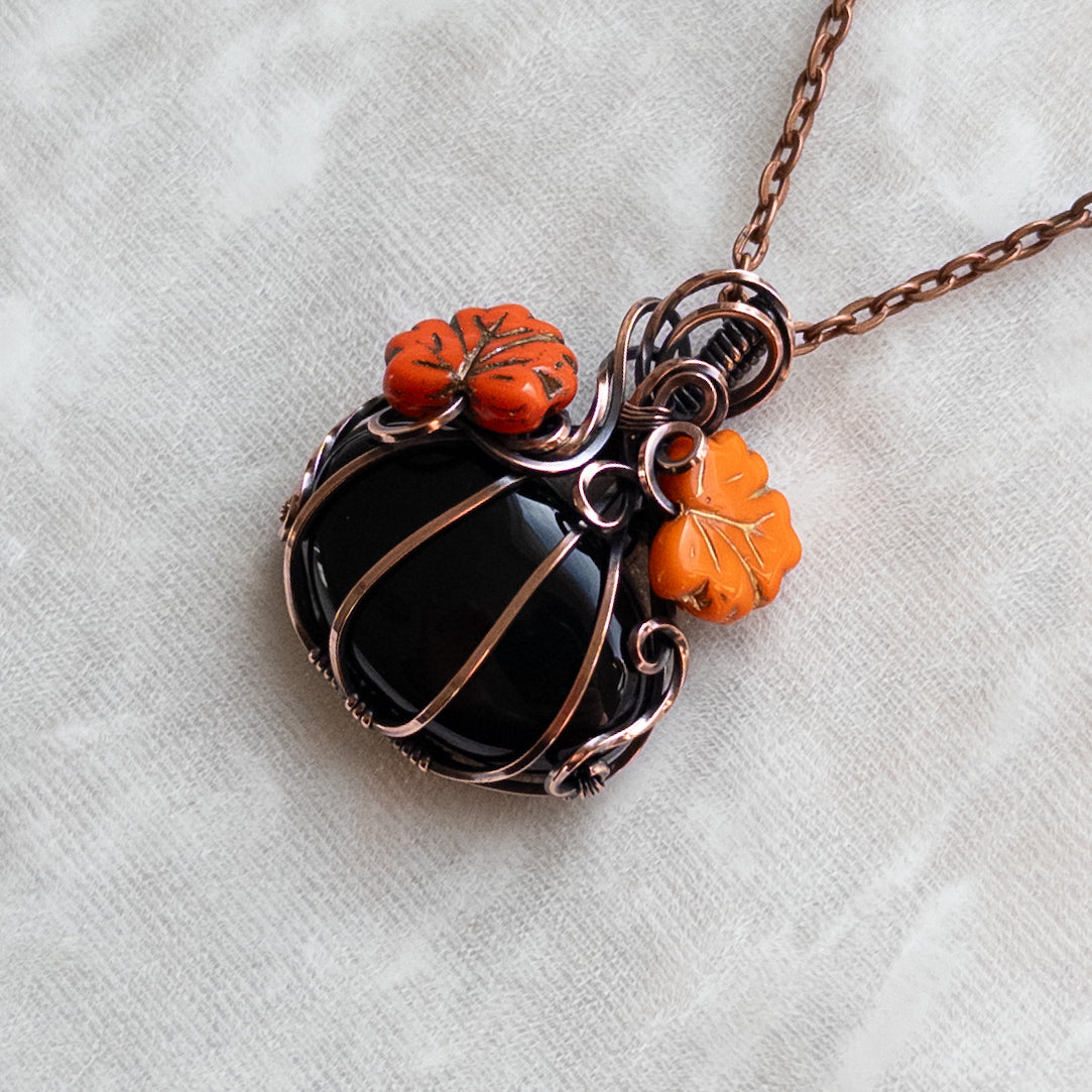 Black Onyx Pumpkin Antiqued Copper Pendant With Czech Glass Leaves