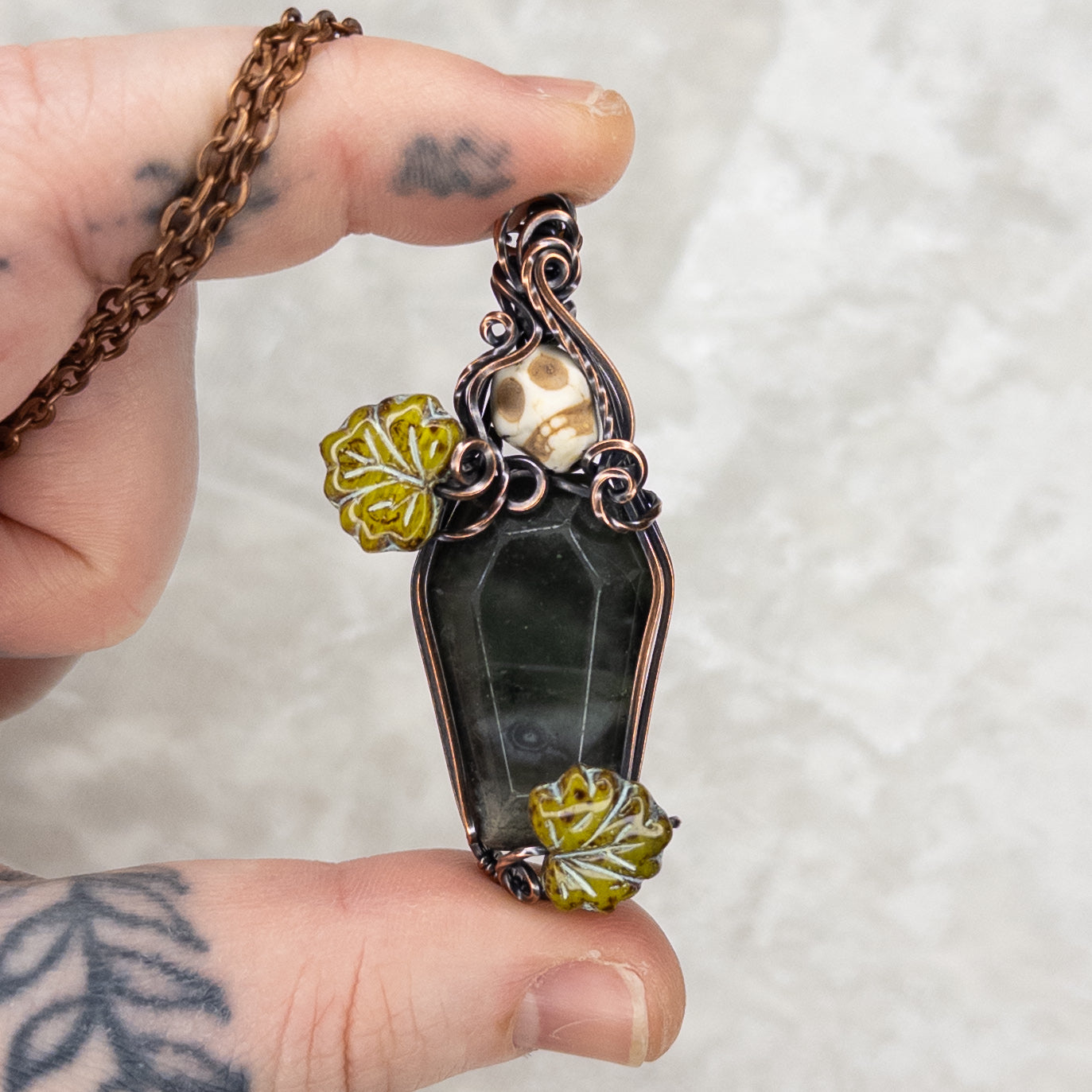 African Bloodstone Coffin & Skull Antiqued Copper Pendant With Czech Glass Leaves