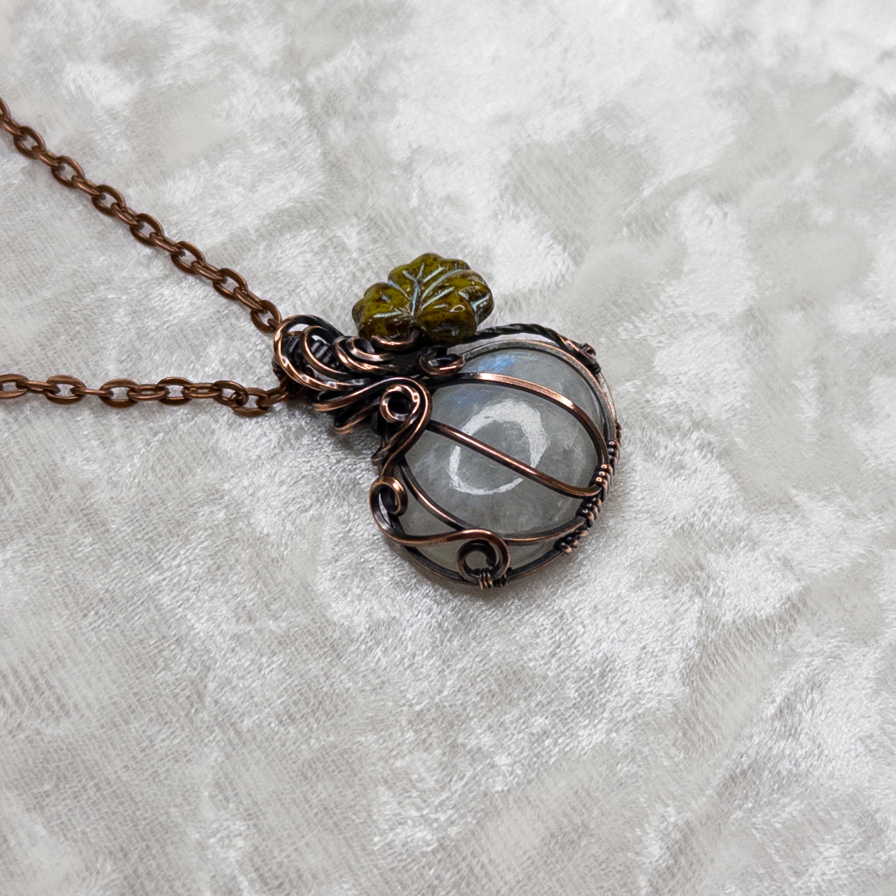 White Moonstone Antiqued Copper Pumpkin Pendant With Czech Glass Leaf