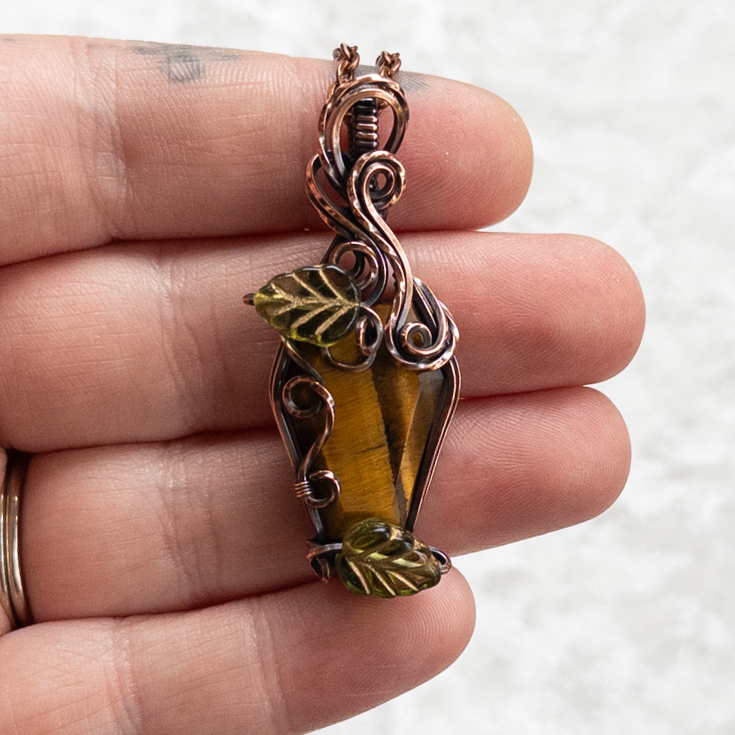 Tiger’s Eye Coffin & Leaves Antiqued Copper Pendant