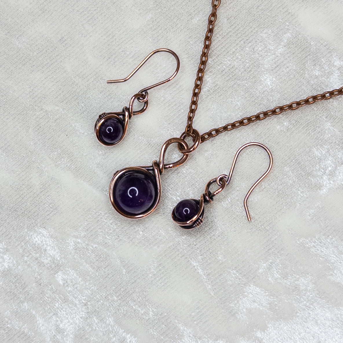 Drops of Amethyst Antiqued Copper Pendant & Earrings Set