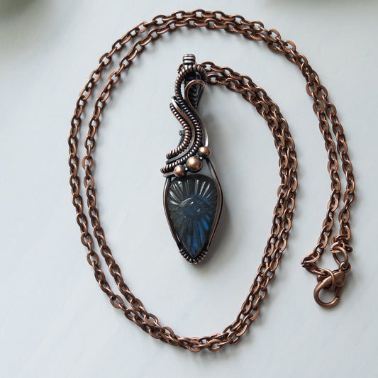 Labradorite With Carved Eye Motif & Copper Wrapped Pendant