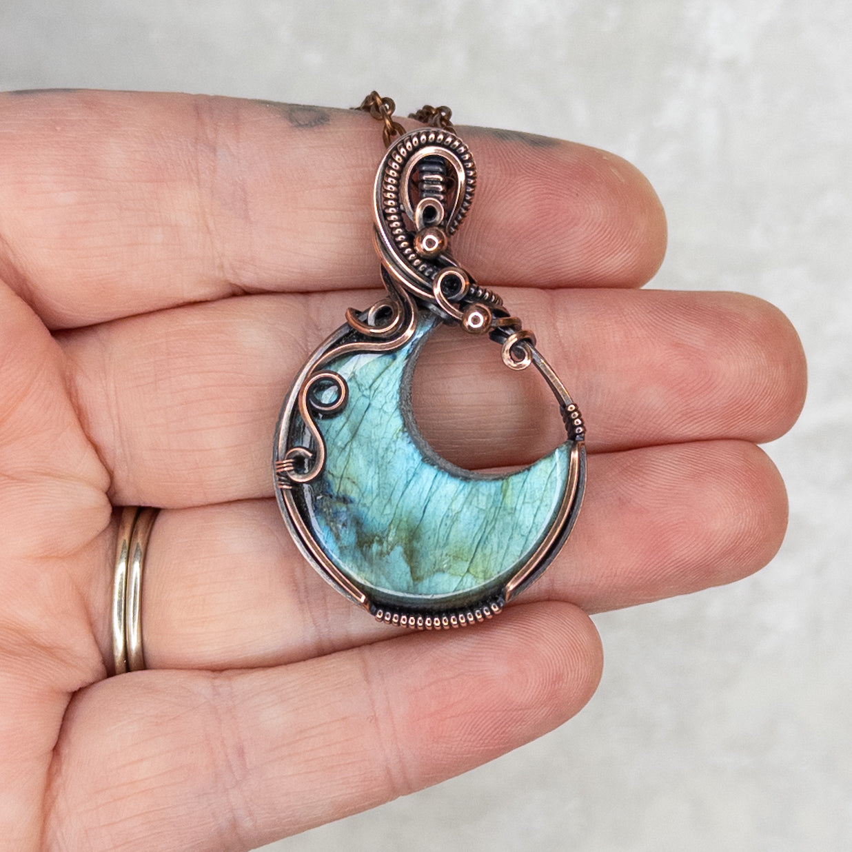 Light Blue Labradorite Moon Antiqued Copper Pendant