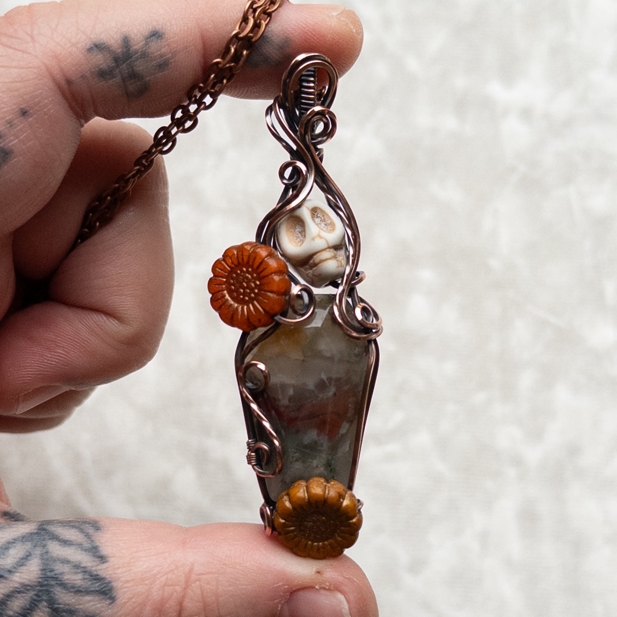 African Bloodstone Coffin, Skull, & Sunflower Antiqued Copper Pendant