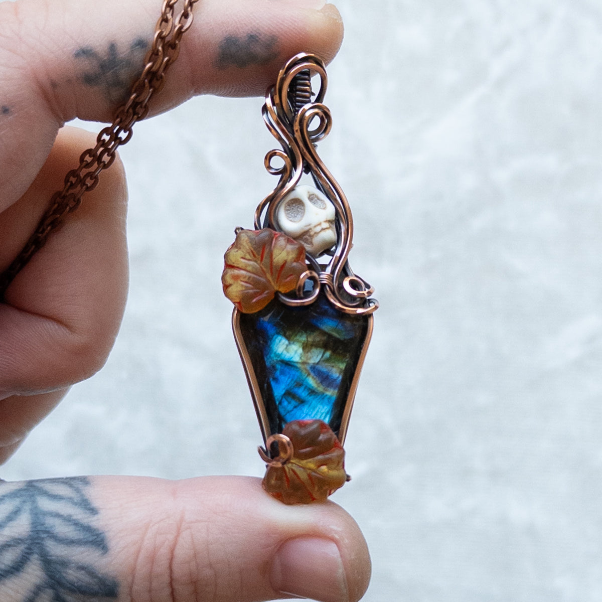 Labradorite Coffin & Skull Antiqued Copper Pendant With Czech Glass Leaves