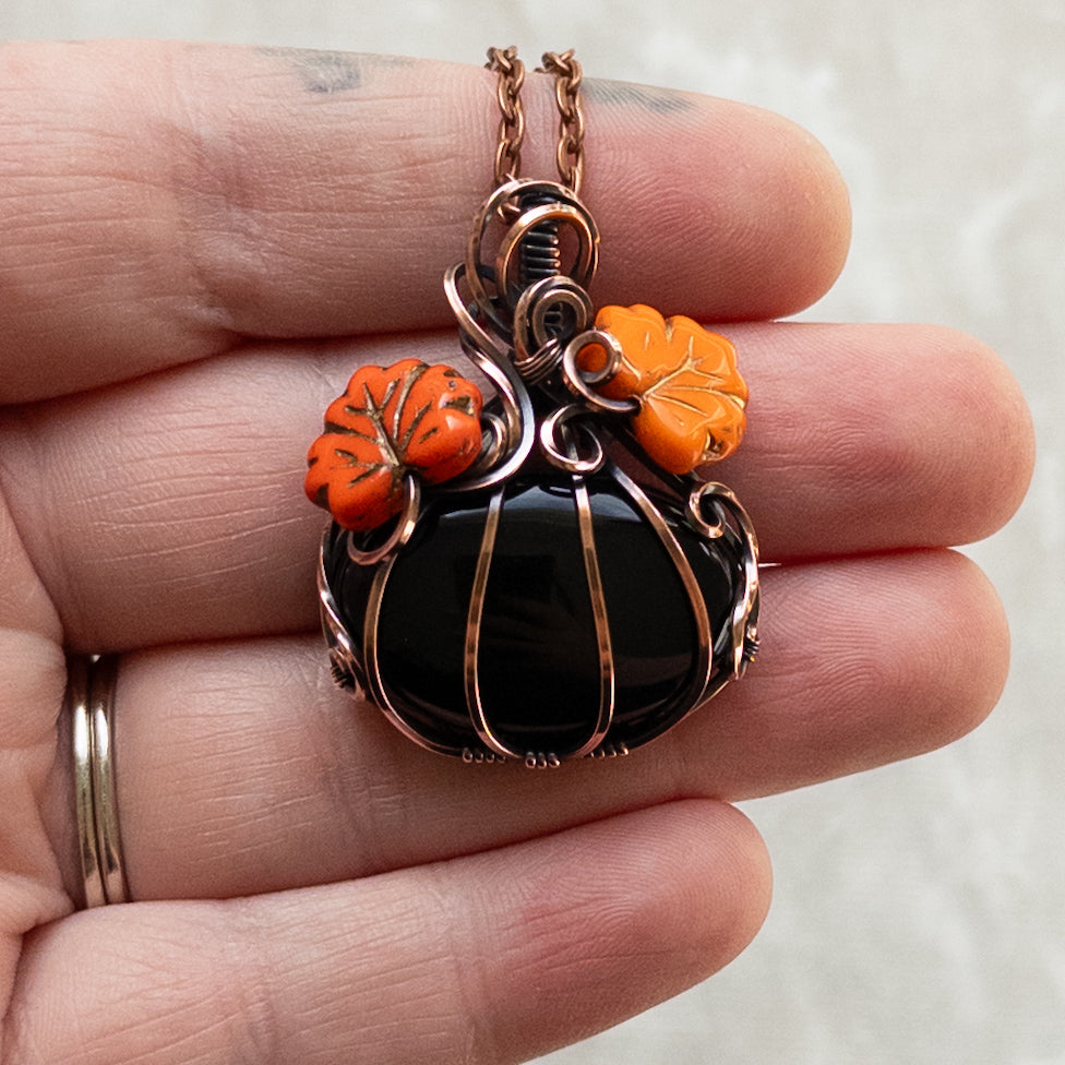 Black Onyx Pumpkin Antiqued Copper Pendant With Czech Glass Leaves