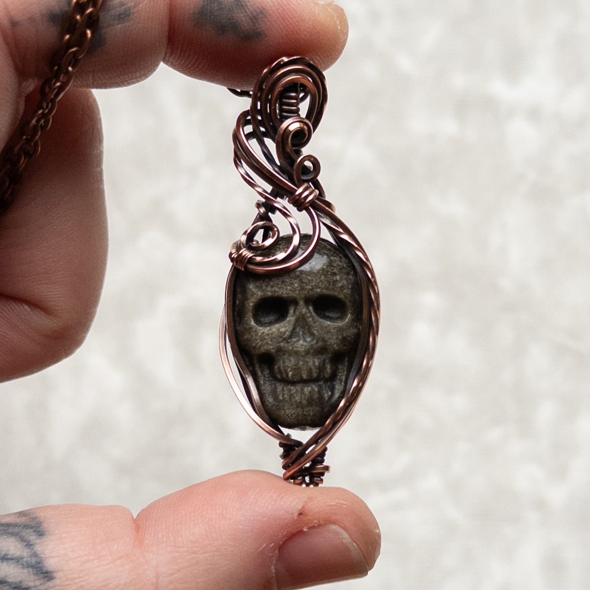 Gold Sheen Obsidian Skull Antiqued Copper Pendant