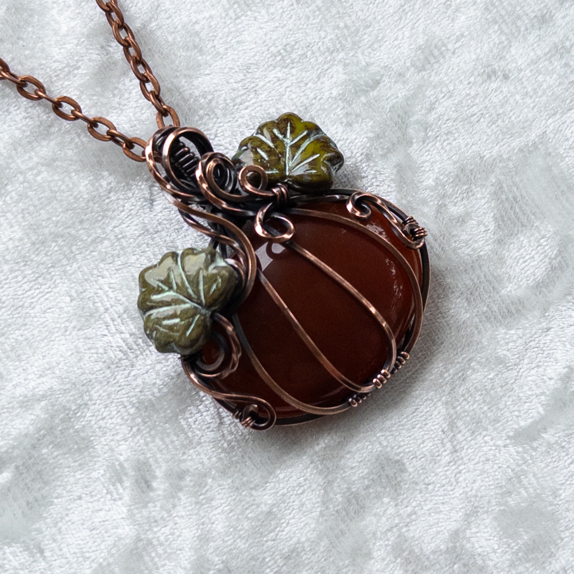 Carnelian Pumpkin Antiqued Copper Pendant With Czech Glass Leaves