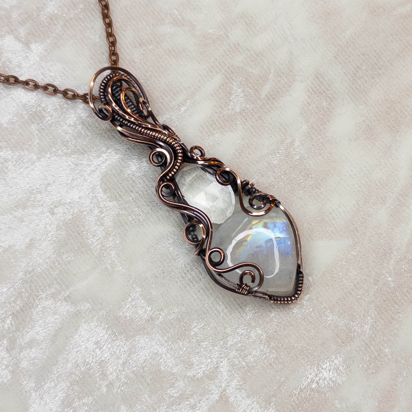 Rainbow Moonstone & Rose Cut Quartz Antiqued Copper Pendant