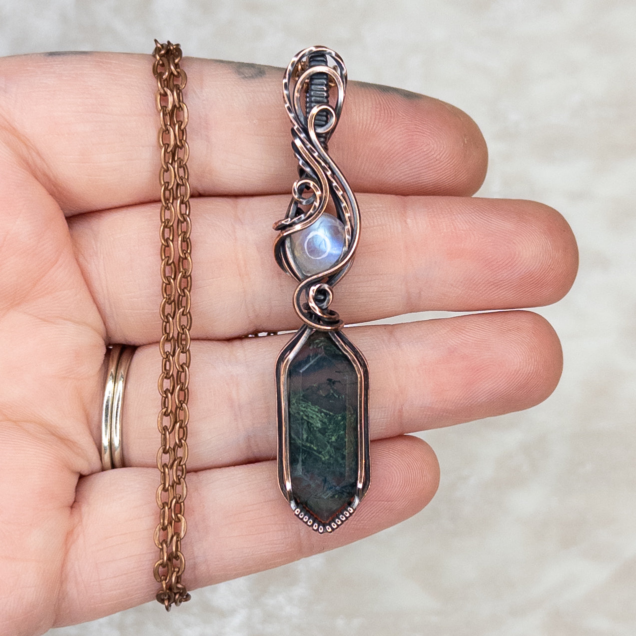 Moss Agate & Moonstone Antiqued Copper Pendant