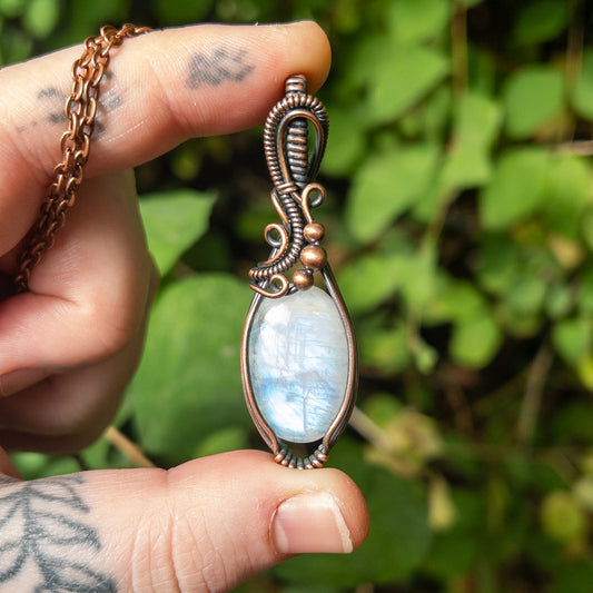 Rainbow Moonstone Copper Wrapped Pendant