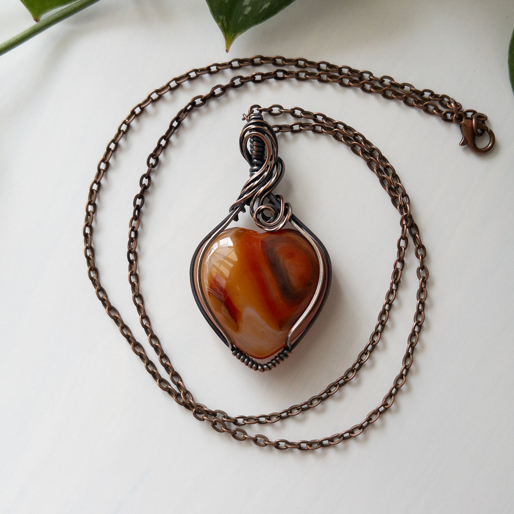 XL Carnelian Heart & Copper Wrapped Pendant - A