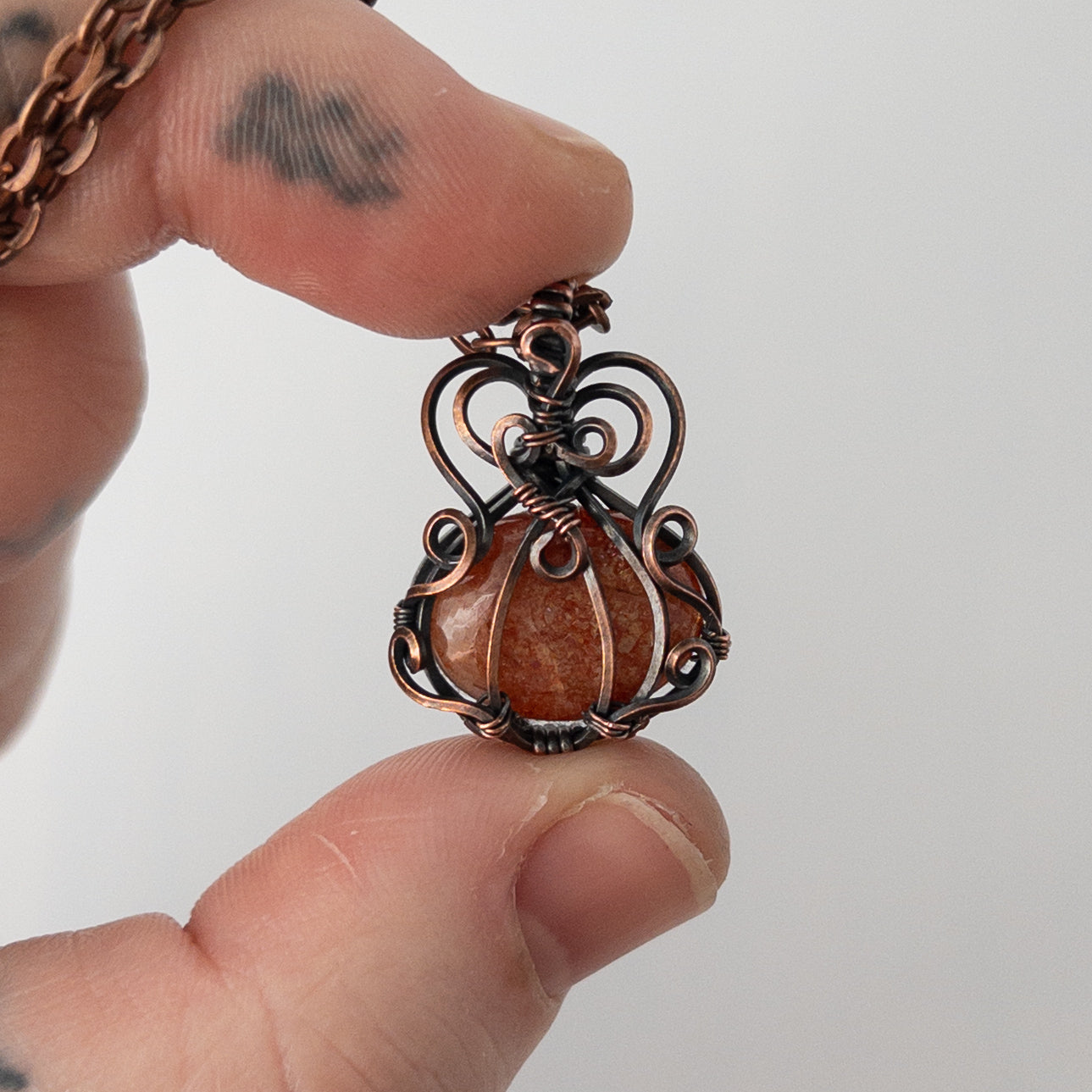 Dainty Sunstone Pumpkin Antiqued Copper Wrapped Pendant