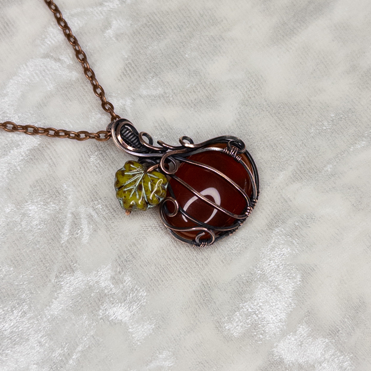 Red Carnelian Antiqued Copper Pumpkin Pendant With Czech Glass Leaf