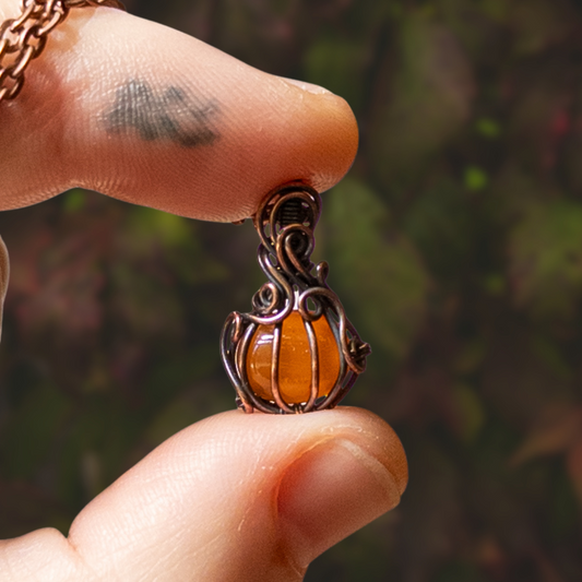 Micro Carnelian Antiqued Copper Pumpkin Pendant