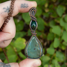 Load image into Gallery viewer, Aquaprase &amp; Smoked Opal Antiqued Copper Wrapped Pendant
