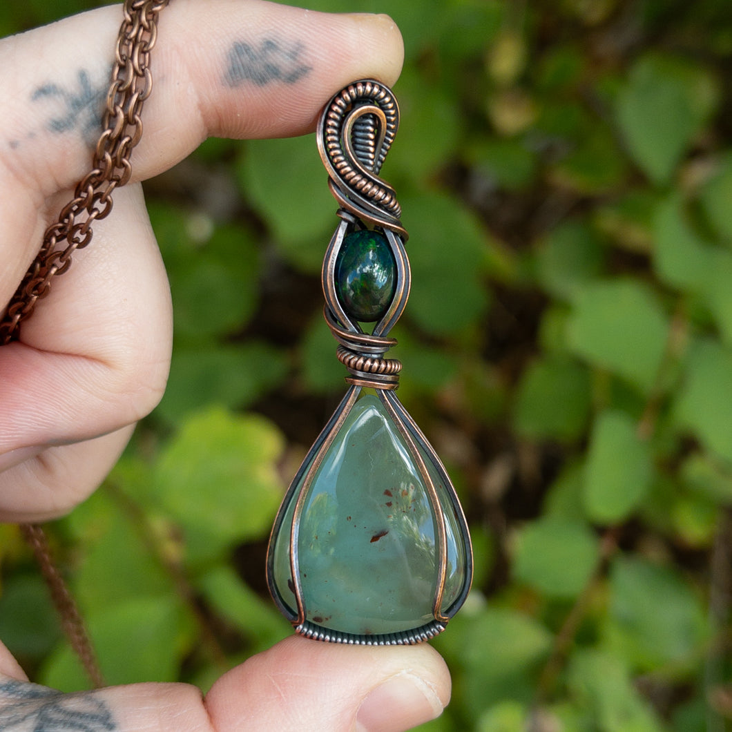 Aquaprase & Smoked Opal Antiqued Copper Wrapped Pendant