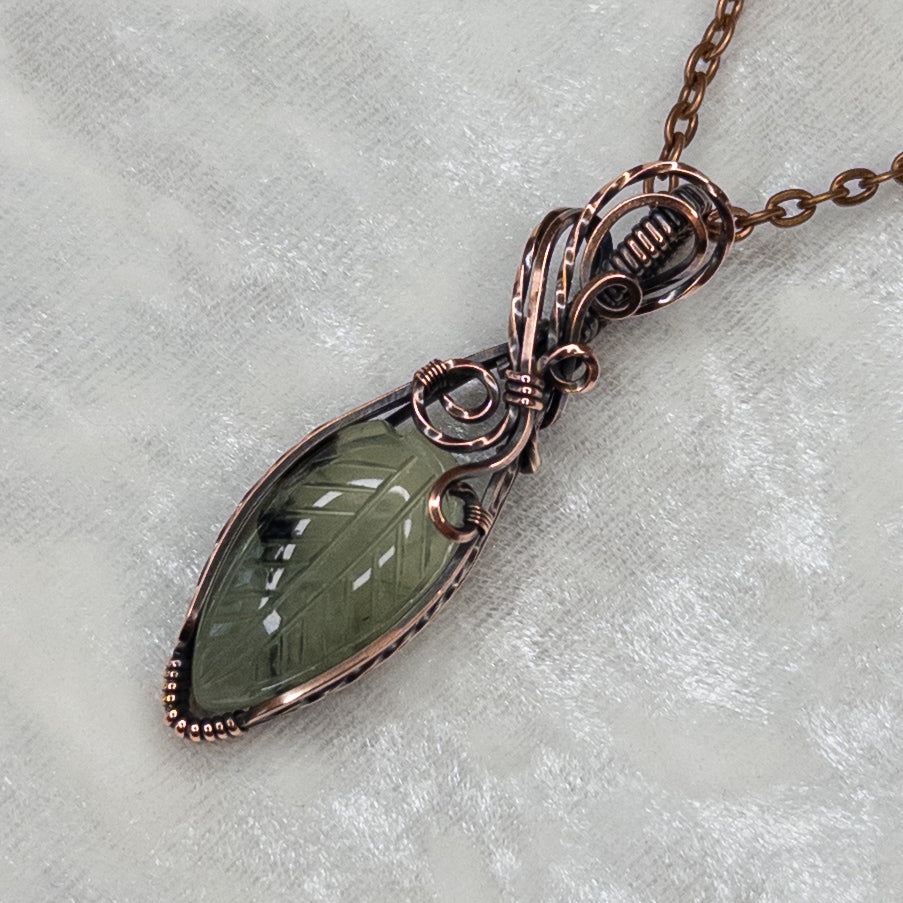 Carved Prehnite Leaf Antiqued Copper Pendant