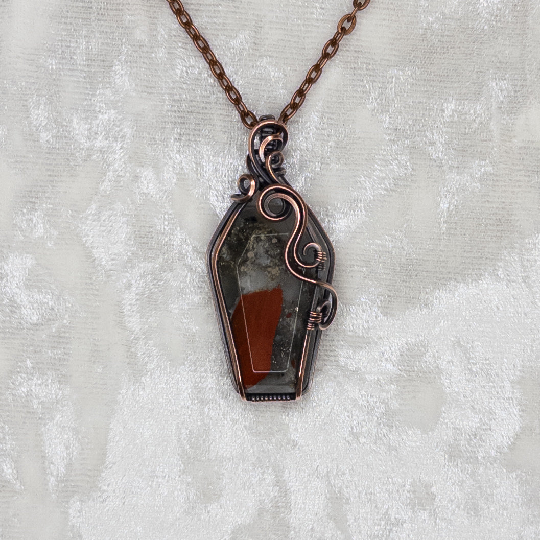 African Bloodstone Antiqued Copper Coffin Pendant
