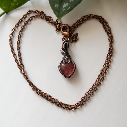 Mini Strawberry Quartz Heart & Copper Wrapped Pendant