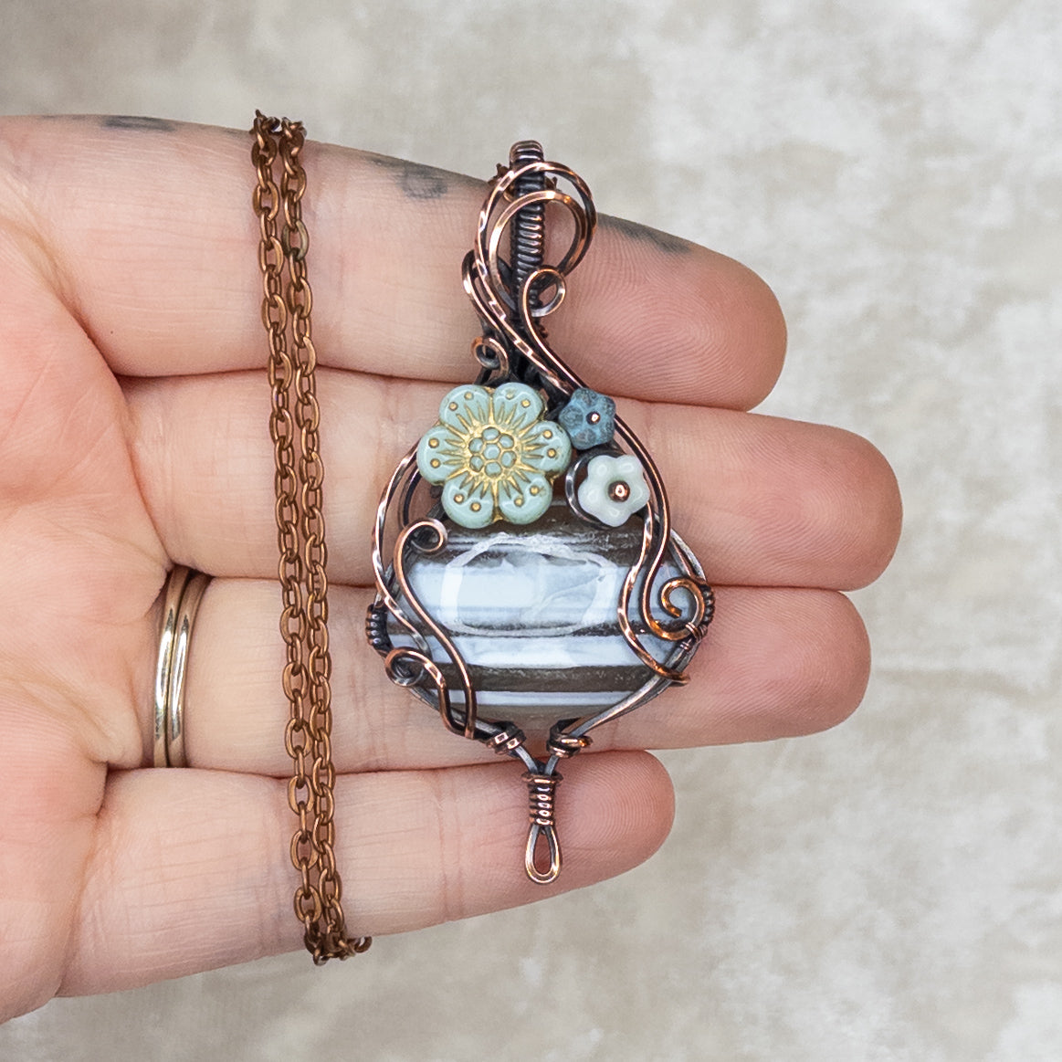 Banded Blue Opal & Czech Glass Antiqued Copper “Bouquet” Pendant