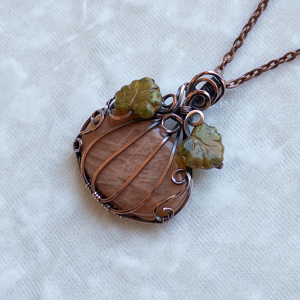 Peach Amazonite Antiqued Copper Pumpkin Pendant With Czech Glass Leaves
