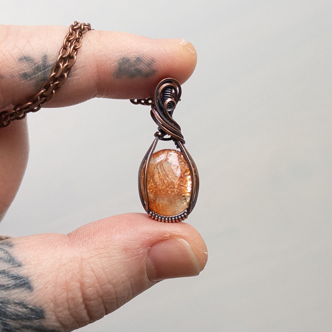 Dainty Sunstone Copper Wrapped Pendant