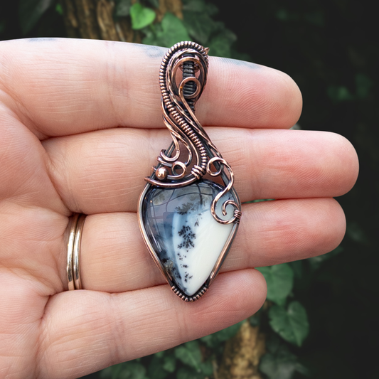 Dendritic White Opal Antiqued Copper Pendant