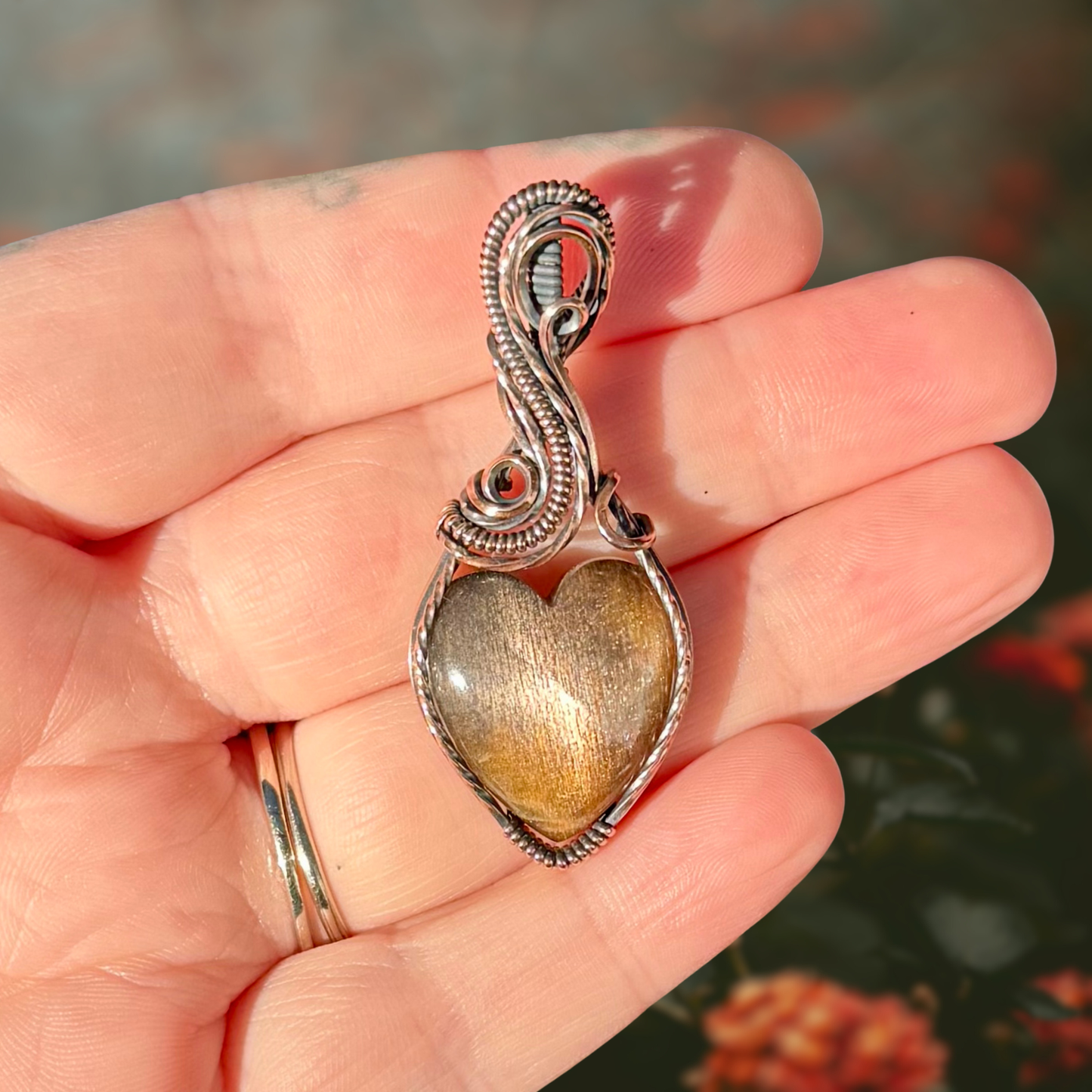 Meteor Shower Sunstone Heart Antiqued Copper Pendant