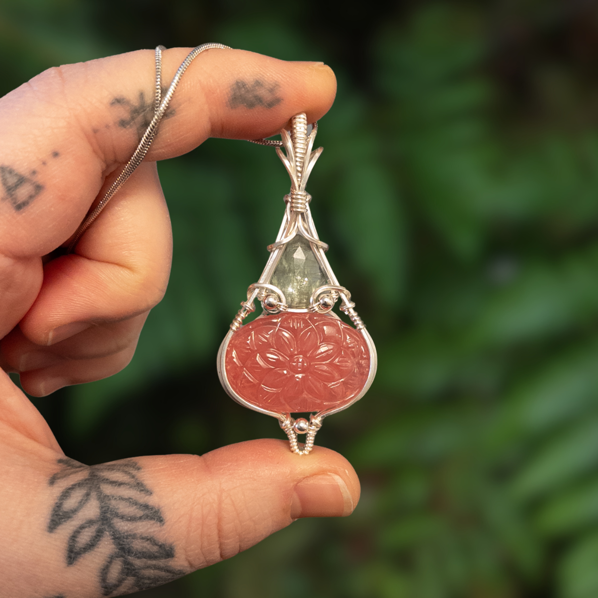 Floral Carved Rhodochrosite & Rose Cut Green Kyanite Sterling Silver Wrapped Pendant