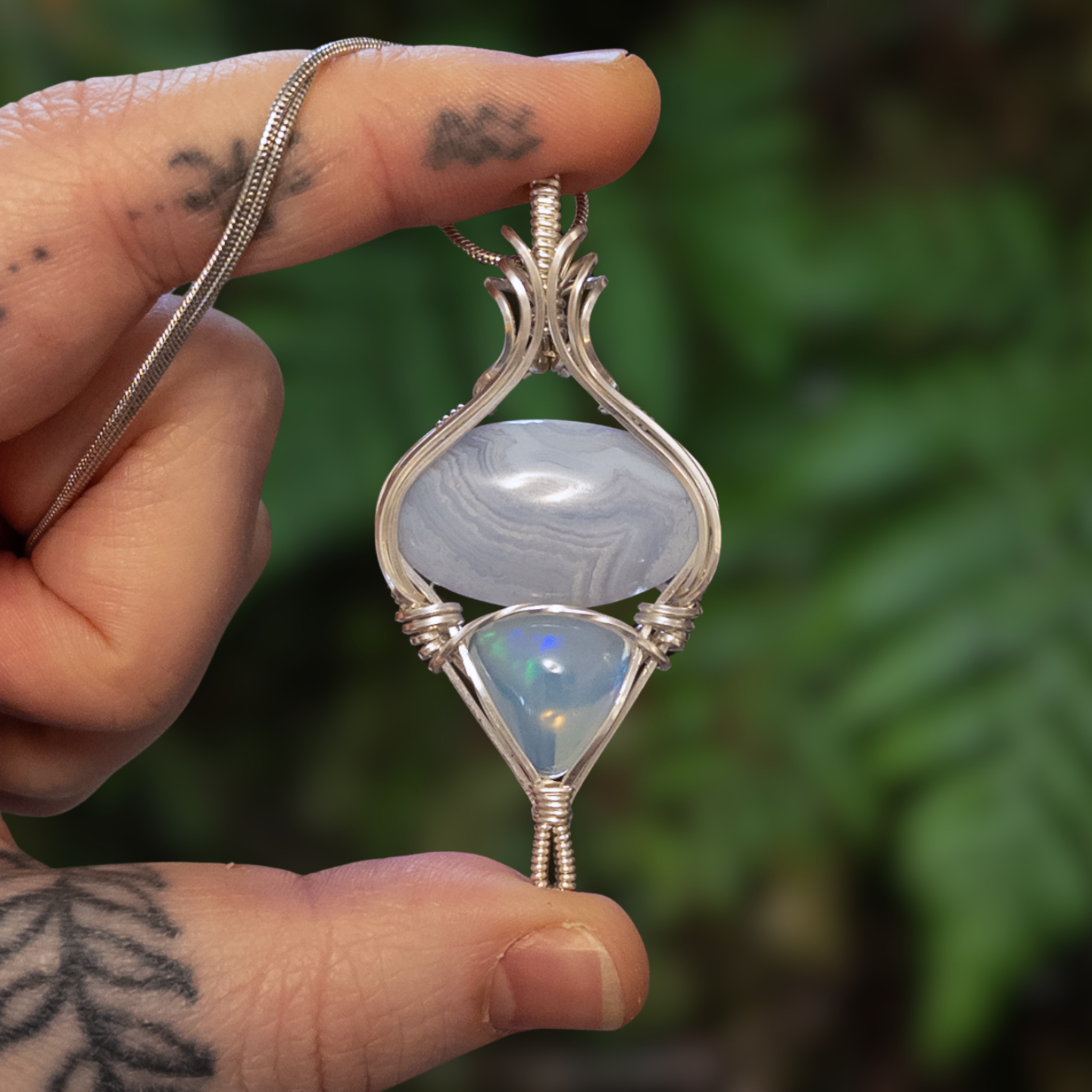 Blue Lace Agate & 6ct. Opal Sterling Silver Pendant