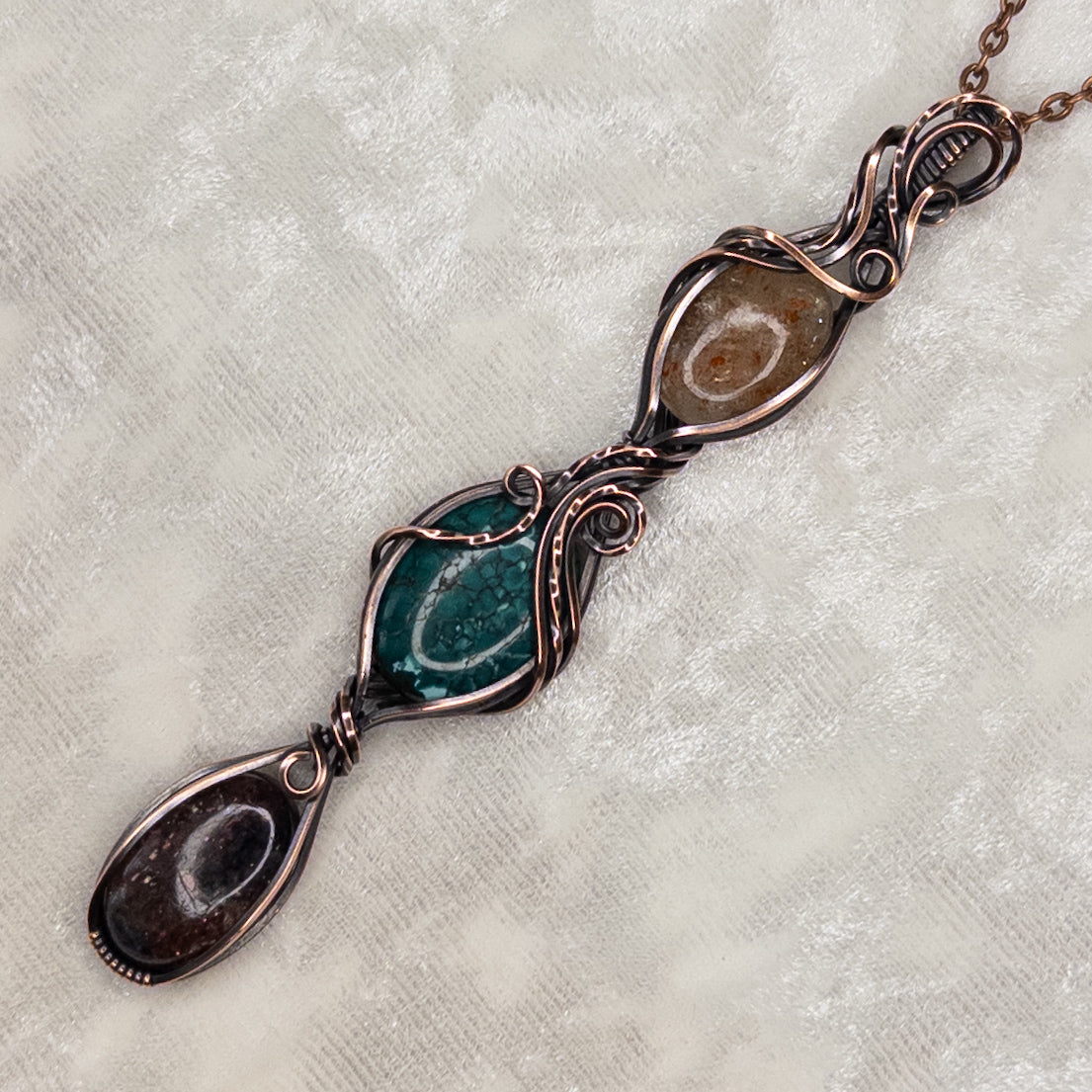 Bloodshot Iolite, Hubei Turquoise, & Confetti Sunstone Antiqued Copper Pendant