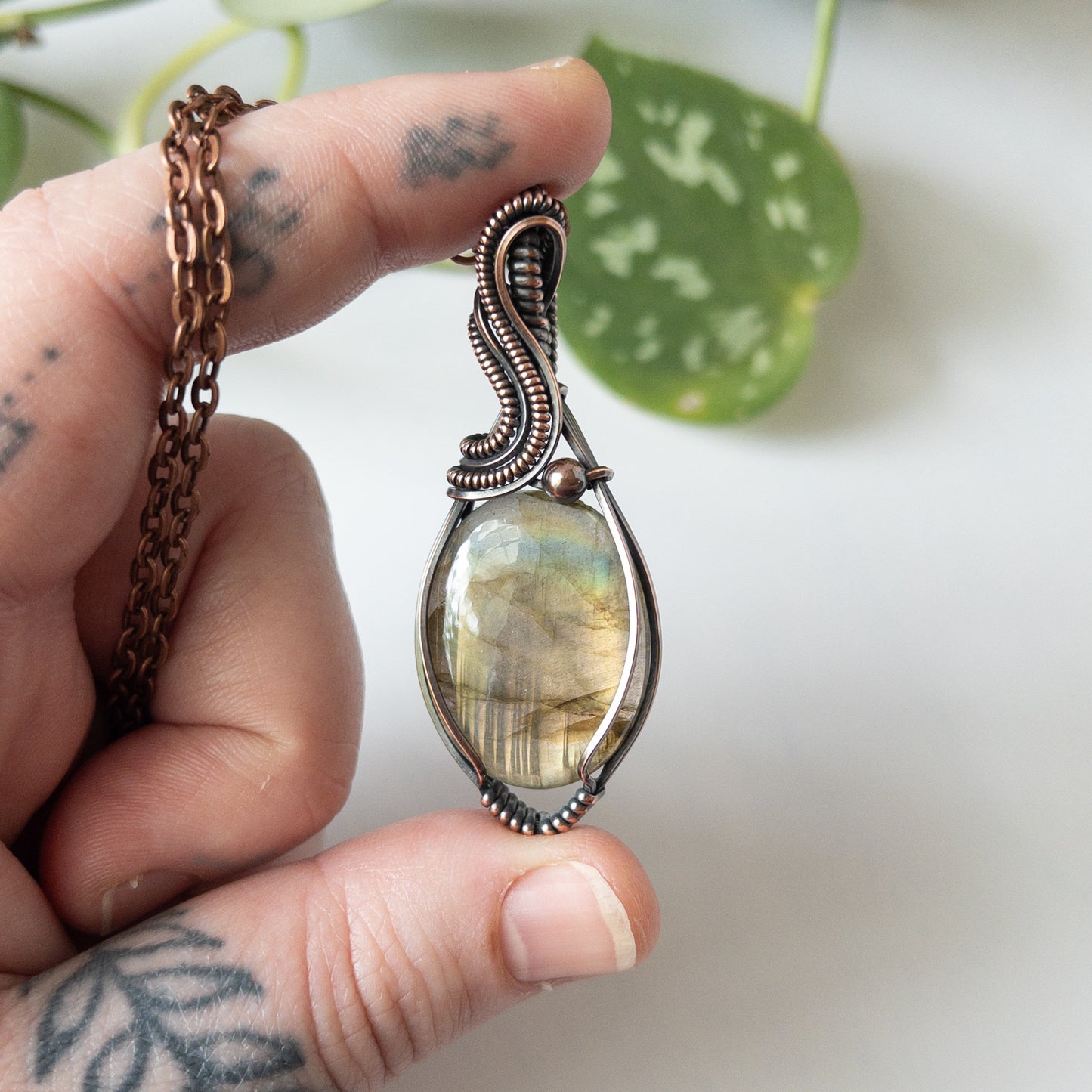 Unique Flash Labradorite & Copper Wrapped Pendant