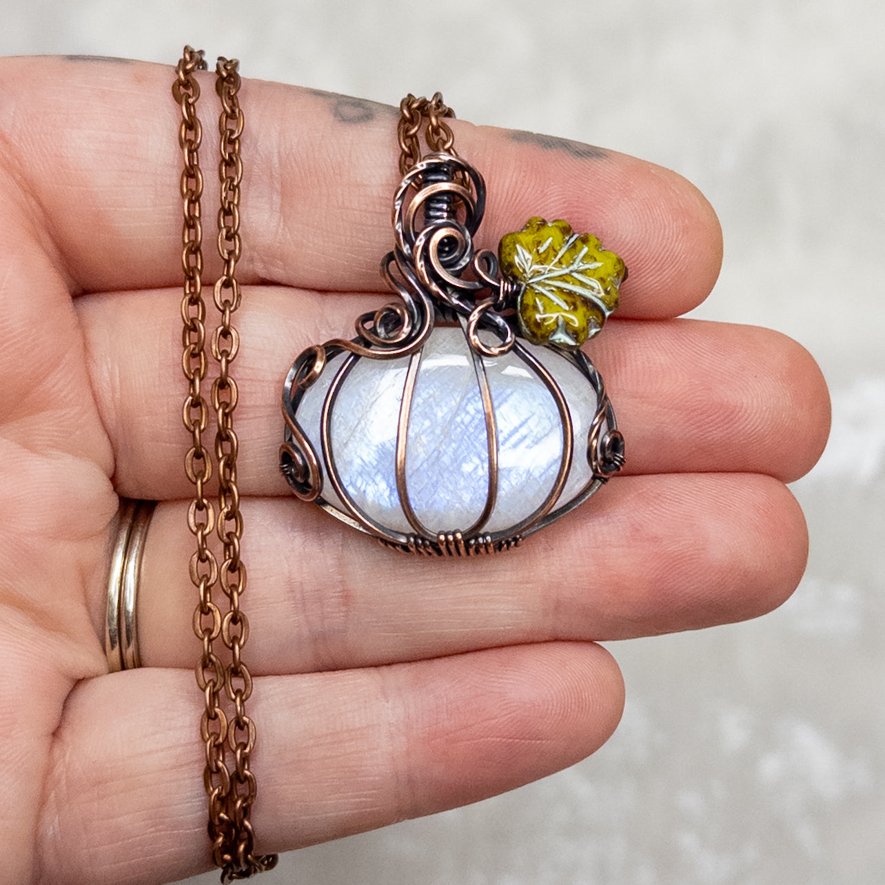 Moonstone Antiqued Copper Pumpkin Pendant With Czech Glass Leaf