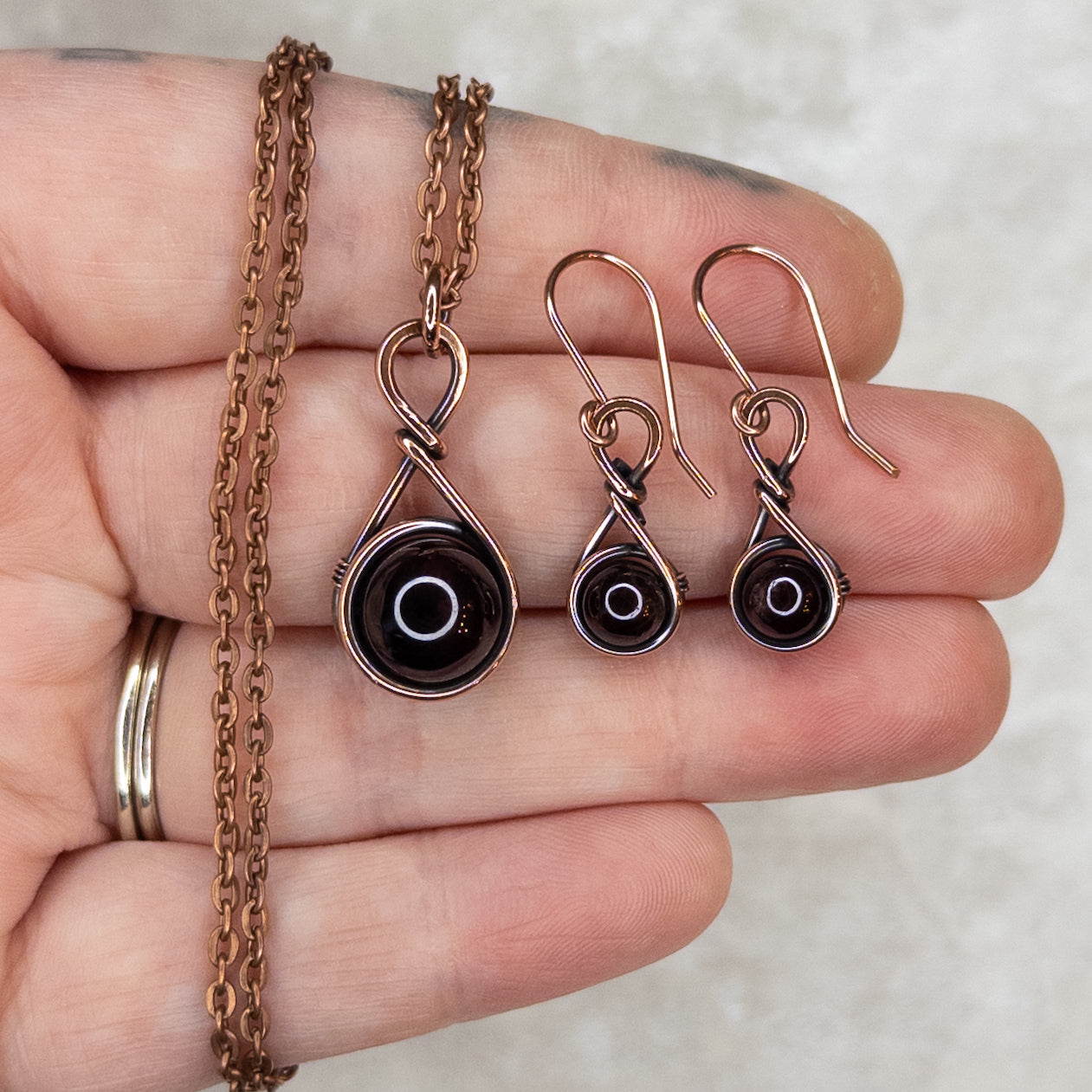 Drops of Garnet Antiqued Copper Pendant & Earrings Set