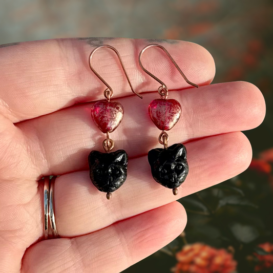 Black Cat & Hearts Czech Glass Copper Earrings