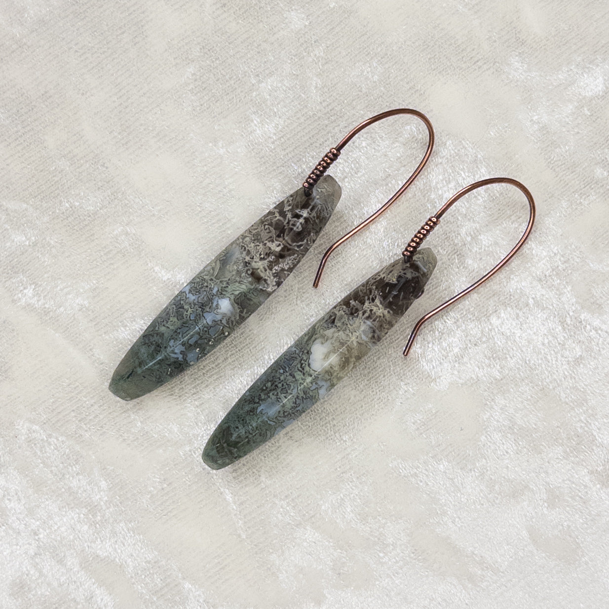 Blue Opal Moss Agate Antiqued Copper Earrings
