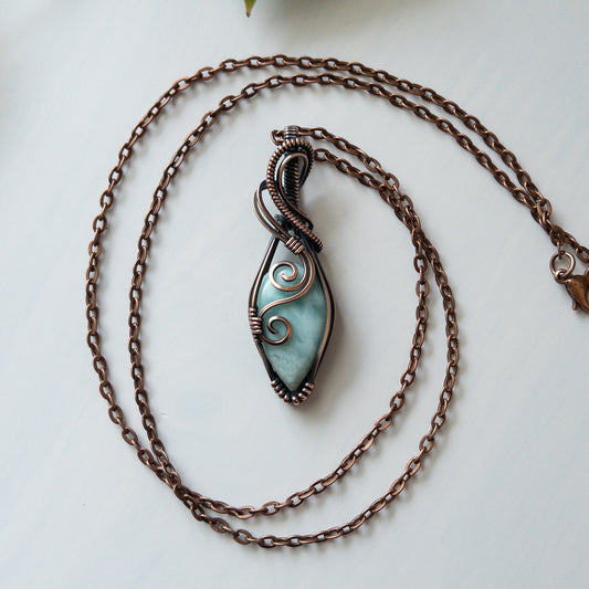 Larimar & Copper Wrapped Pendant With Swirl Motif