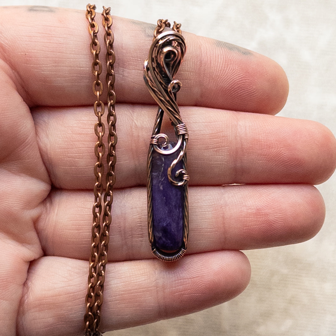 Dainty Charoite Antiqued Copper Pendant
