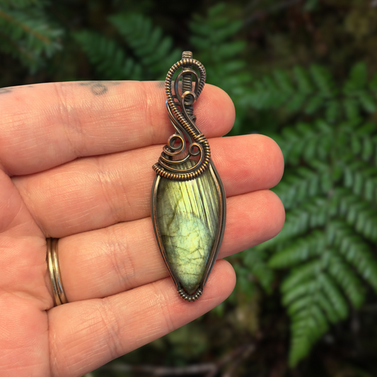 “Pond Reflection” Labradorite Antiqued Copper Wrapped Pendant