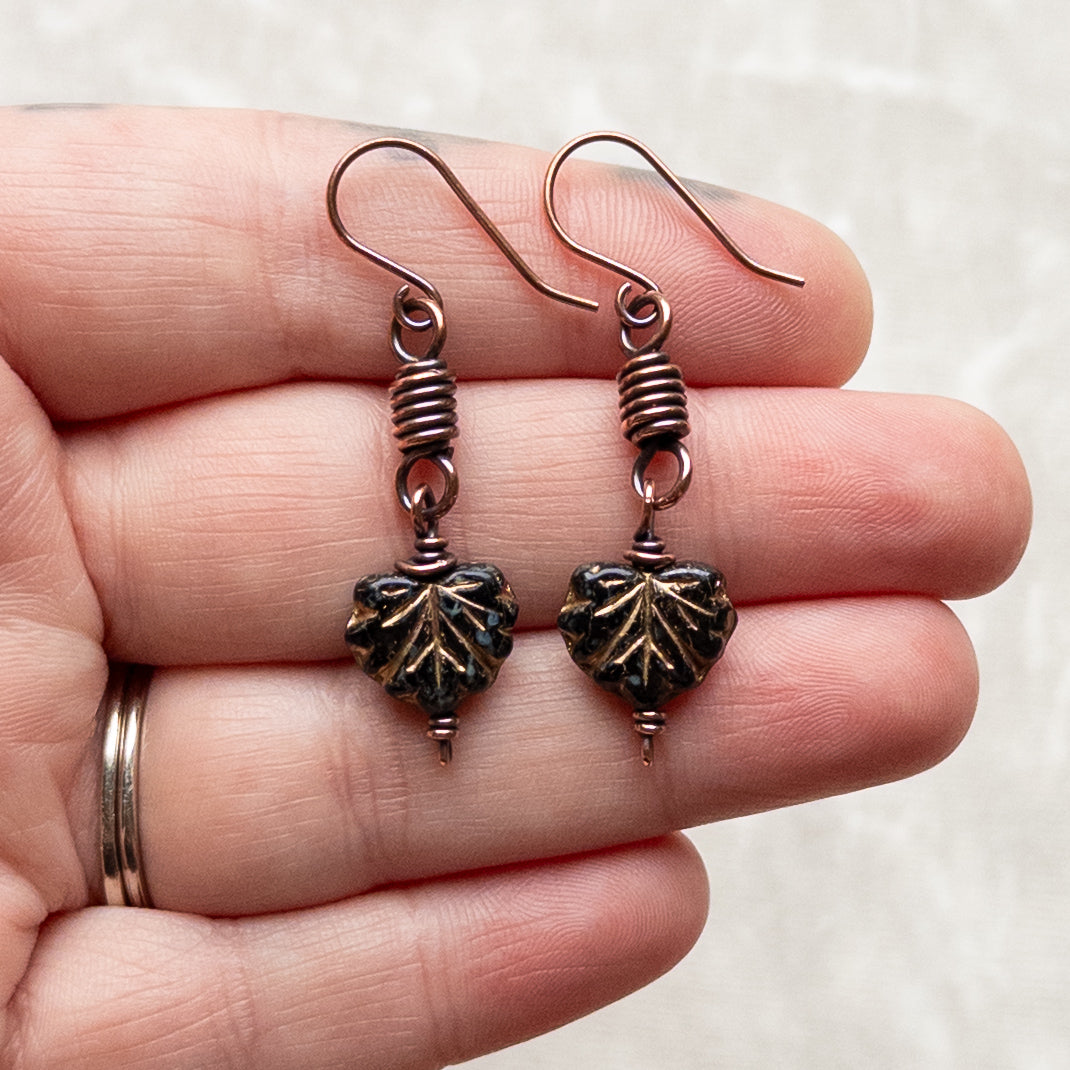 Black Leaf Antiqued Copper Earrings