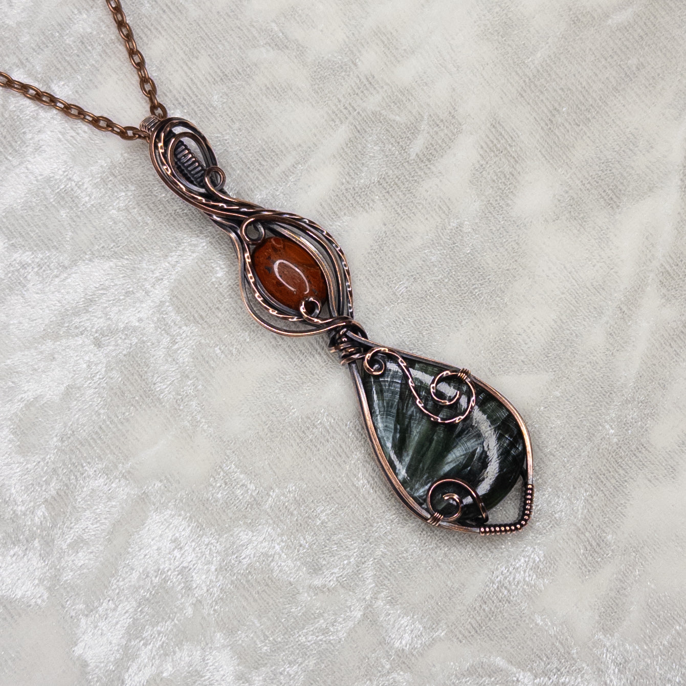 Seraphinite & Red Jasper Antiqued Copper Pendant