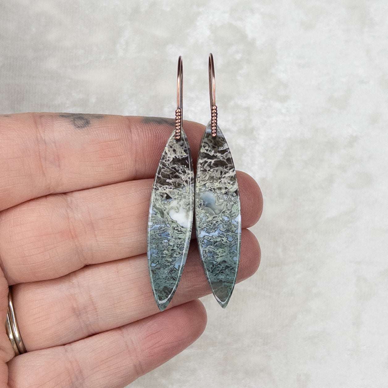 Blue Opal Moss Agate Antiqued Copper Earrings