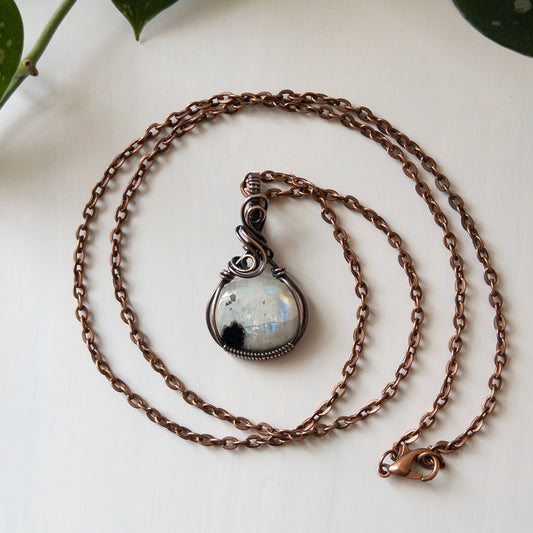 Rainbow Moonstone & Copper Wrapped Pendant