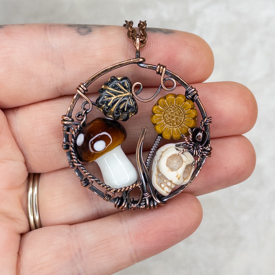 “Autumn Rest” Antiqued Copper Pendant With Czech Glass Botanical Beads, Lampwork Mushroom Bead, Stone Skull Bead, And Tiny Glass & Wire Spider