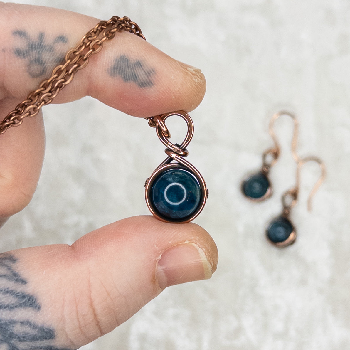 Drops of Apatite Antiqued Copper Pendant & Earrings Set