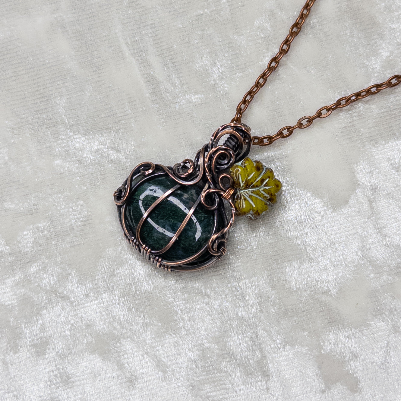 Moss Agate Antiqued Copper Pumpkin Pendant With Czech Glass Leaf