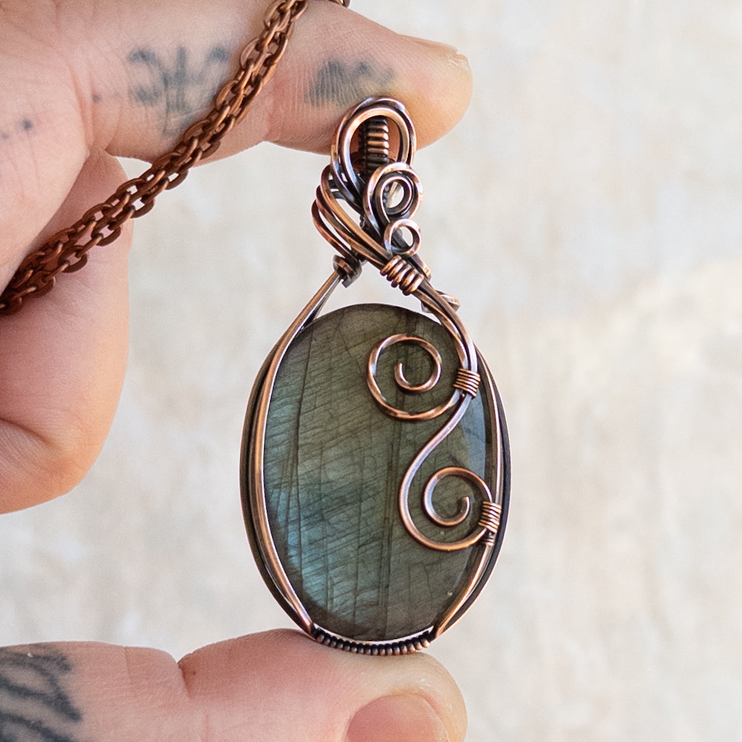 Teal Labradorite Antiqued Copper Pendant