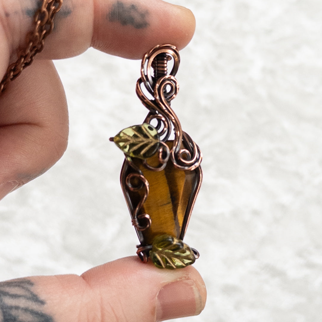 Tiger’s Eye Coffin & Leaves Antiqued Copper Pendant