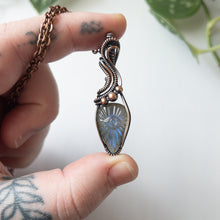 Load image into Gallery viewer, Labradorite With Carved Eye Motif &amp; Copper Wrapped Pendant
